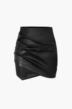 MICAS Skirts-Asymmetrical Ruched Faux Leather Mini Skirt