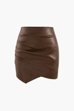 MICAS Skirts-Asymmetrical Ruched Faux Leather Mini Skirt
