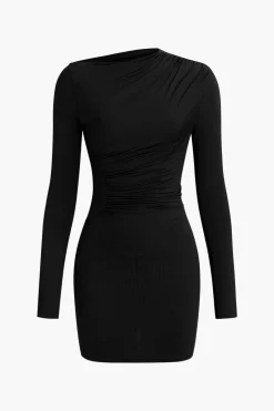 MICAS Long Sleeve Dresses|Mini Dresses-Asymmetrical Ruched Long Sleeve Mini Dress