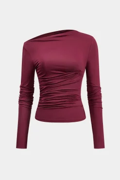 MICAS Long Sleeve Tops|Long Sleeves Tops-Asymmetrical Ruched Long-Sleeve Top BURGUNDY
