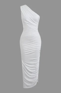 MICAS Midi Dresses-Asymmetrical Ruched One Shoulder Midi Dress WHITE