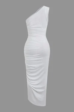 MICAS Midi Dresses-Asymmetrical Ruched One Shoulder Midi Dress WHITE