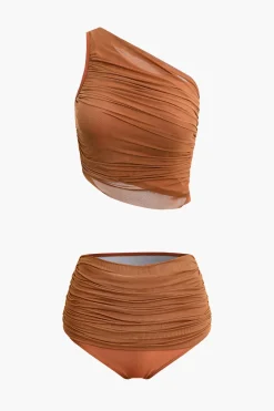 MICAS Swimwear|Vacation Sets-Asymmetrical Ruched Sleeveless Mesh Swimsuit CINNAMON