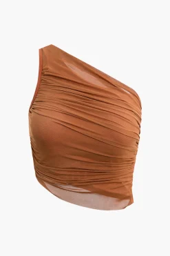 MICAS Swimwear|Vacation Sets-Asymmetrical Ruched Sleeveless Mesh Swimsuit CINNAMON