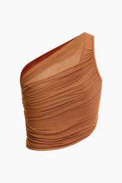 MICAS Swimwear|Vacation Sets-Asymmetrical Ruched Sleeveless Mesh Swimsuit CINNAMON