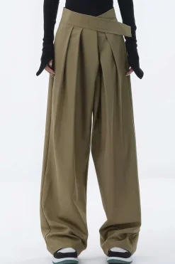 MICAS Pants-Asymmetrical Ruched Wide Leg Trousers OLIVE