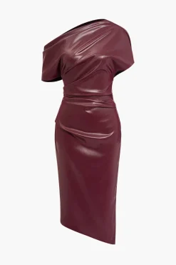 MICAS Midi Dresses-Asymmetrical Shoulder Faux Leather Bodycon Dress