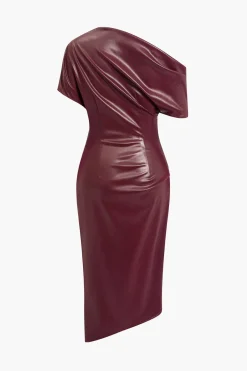 MICAS Midi Dresses-Asymmetrical Shoulder Faux Leather Bodycon Dress