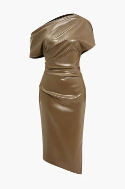 MICAS Midi Dresses-Asymmetrical Shoulder Faux Leather Bodycon Dress