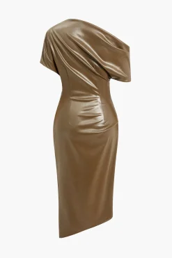 MICAS Midi Dresses-Asymmetrical Shoulder Faux Leather Bodycon Dress