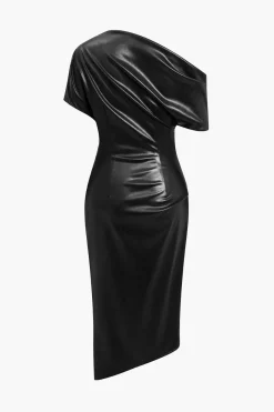 MICAS Midi Dresses-Asymmetrical Shoulder Faux Leather Bodycon Dress