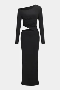 MICAS Long Sleeve Dresses|Maxi Dresses-Asymmetrical Shoulder Long Sleeve Maxi Dress BLACK