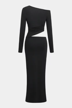 MICAS Long Sleeve Dresses|Maxi Dresses-Asymmetrical Shoulder Long Sleeve Maxi Dress BLACK