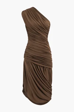 MICAS Midi Dresses-Asymmetrical Sleeveless Ruched Midi Dress COFFEE