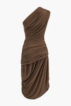 MICAS Midi Dresses-Asymmetrical Sleeveless Ruched Midi Dress COFFEE