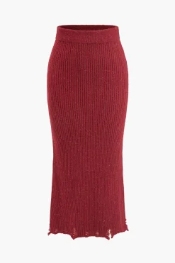 MICAS Knit Sets-Asymmetrical Top And Skirt Set BURGUNDY