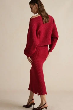 MICAS Knit Sets-Asymmetrical Top And Skirt Set BURGUNDY