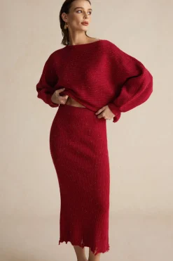 MICAS Knit Sets-Asymmetrical Top And Skirt Set BURGUNDY