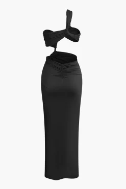 MICAS Maxi Dresses-Asymmetrical Twist Ruched Slit One Shoulder Maxi Dress