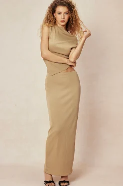 MICAS Skirt Sets-Asymmetrical Twist Top And High Waist Maxi Skirt Set