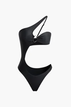 MICAS Swimwear-Asymmetrical U-ring Cut Out Ruched One-Piece Swimsuit BLACK