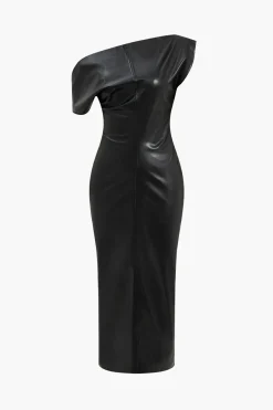 MICAS Midi Dresses-Asymmetry Faux Leather Zipper Midi Dress BLACK