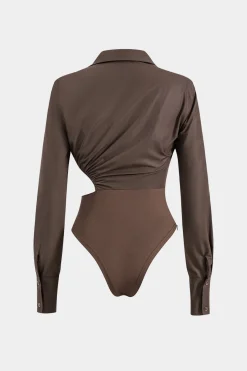 MICAS Bodysuits-Asymmetry Patchwork Ruched Cut Out Long Sleeve Bodysuit BROWN