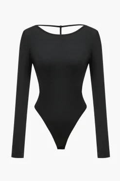 MICAS Bodysuits-Backless Cut Out Long Sleeve Bodysuit BLACK