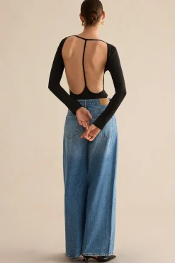 MICAS Bodysuits-Backless Cut Out Long Sleeve Bodysuit BLACK