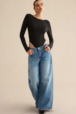 MICAS Bodysuits-Backless Cut Out Long Sleeve Bodysuit BLACK