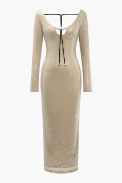 MICAS Long Sleeve Dresses|Midi Dresses-Backless Drawstring Sequin Midi Dress CARAMEL