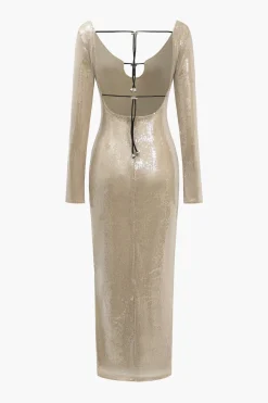 MICAS Long Sleeve Dresses|Midi Dresses-Backless Drawstring Sequin Midi Dress CARAMEL