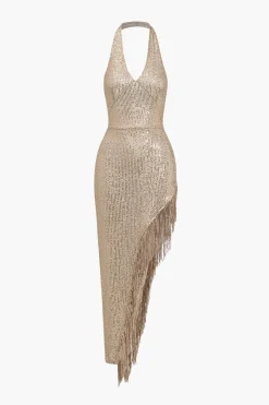 MICAS Midi Dresses-Backless Fringe Sequin Midi Dress CHAMPAGNE