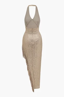 MICAS Midi Dresses-Backless Fringe Sequin Midi Dress CHAMPAGNE