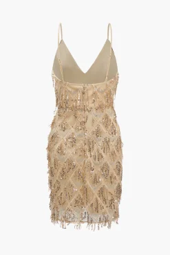 MICAS Mini Dresses-Backless Fringe Sequin Mini Dress CHAMPAGNE BEIGE