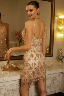 MICAS Mini Dresses-Backless Fringe Sequin Mini Dress CHAMPAGNE BEIGE