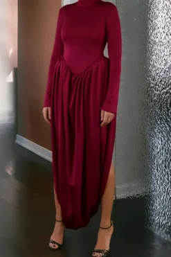 MICAS Long Sleeve Dresses|Maxi Dresses-Backless Long Sleeve Maxi Dress BURGUNDY