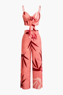 MICAS Pant Sets|Vacation Sets-Bamboo Leaf Print Knot Cami Top And Pants Set