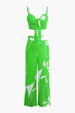 MICAS Pant Sets|Vacation Sets-Bamboo Leaf Print Knot Cami Top And Pants Set