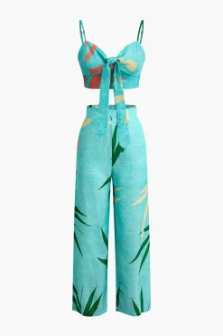 MICAS Pant Sets|Vacation Sets-Bamboo Leaf Print Knot Cami Top And Pants Set