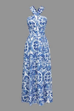 MICAS Maxi Dresses-Baroque Print Cross Cut Out Maxi Dress BLUE