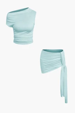 MICAS Skirt Sets|Vacation Sets-Basic Asymmetrical Ruched Crop Top And Tie Mini Skirt Set