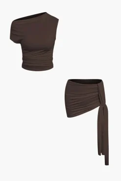 MICAS Skirt Sets|Vacation Sets-Basic Asymmetrical Ruched Crop Top And Tie Mini Skirt Set