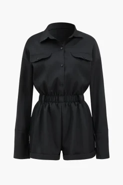 MICAS Jumpsuits & Rompers-Basic Button-Front Pocket Long Sleeve Romper BLACK