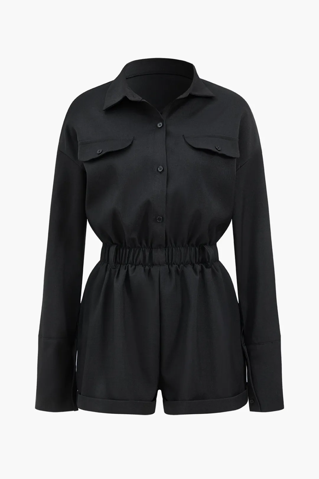 MICAS Jumpsuits & Rompers-Basic Button-Front Pocket Long Sleeve Romper BLACK