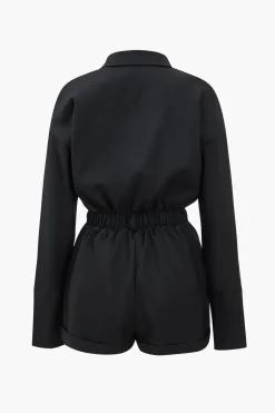 MICAS Jumpsuits & Rompers-Basic Button-Front Pocket Long Sleeve Romper BLACK