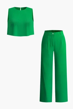 MICAS Pant Sets-Basic Crop Tank Top And Pants Set GREEN