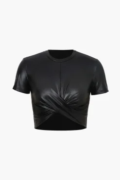 MICAS T-Shirts-Basic Faux Leather Cropped Tee