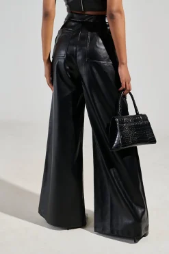 MICAS Pants-Basic Faux Leather High-Waist Trousers BLACK
