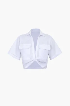 MICAS Blouses & Shirts-Basic Flap Pocket Twist Hem Shirt